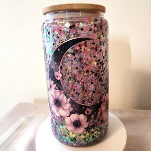 Handmade Glitter Snow Globe Cup 16 Oz. Glass Moon Lid & Straw Slow Flow. B/121